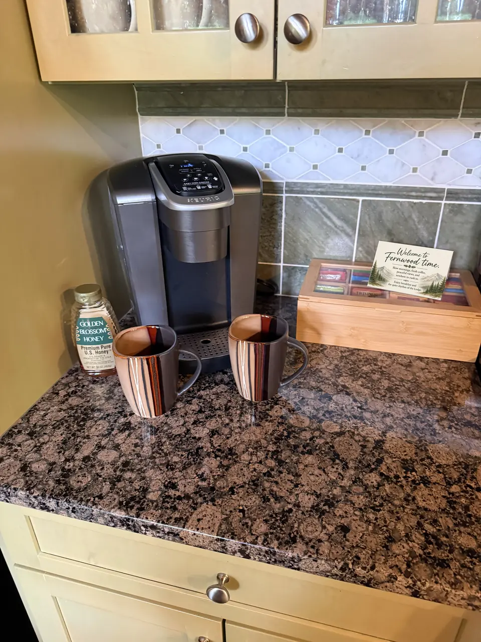 Coffee station with a Keurig on the granite counter